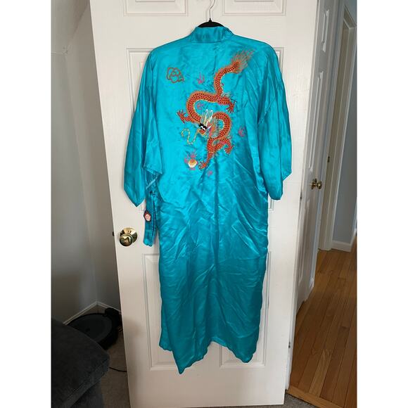 Vintage Golden Dragon Medium Hand Embroidered 100% Silk Chinese Kimono Robe Blue - Picture 2 of 13